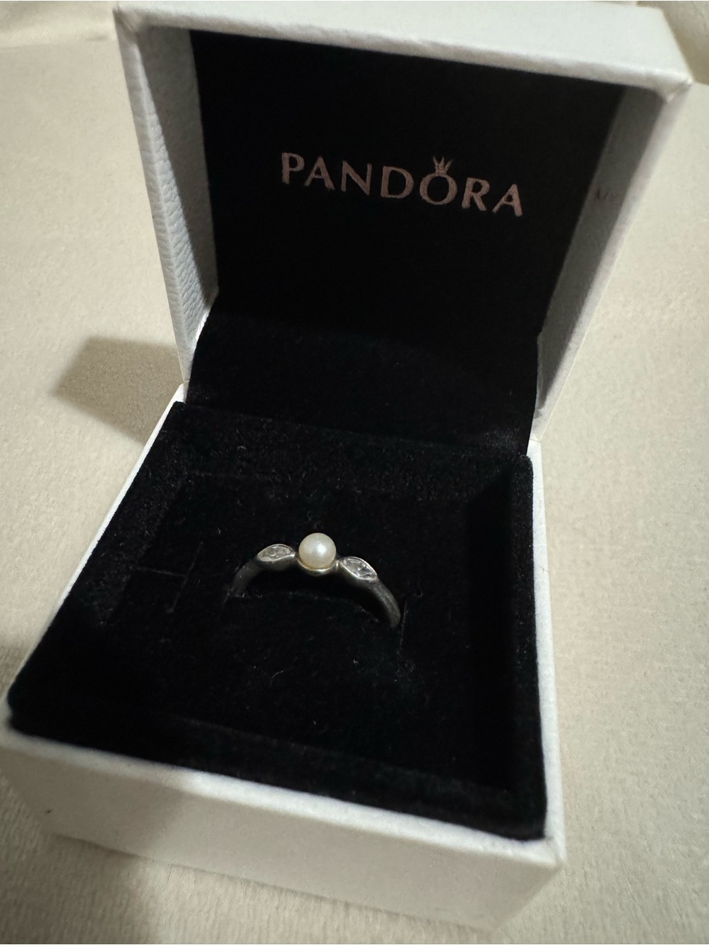Pandora Silver Band Ring with White Pearl